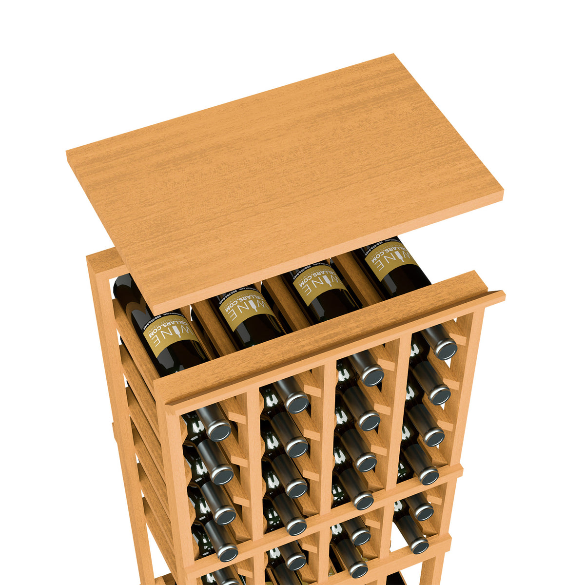 Wine bottle rack top shelf in honey wood, showing bottle slots and bottles