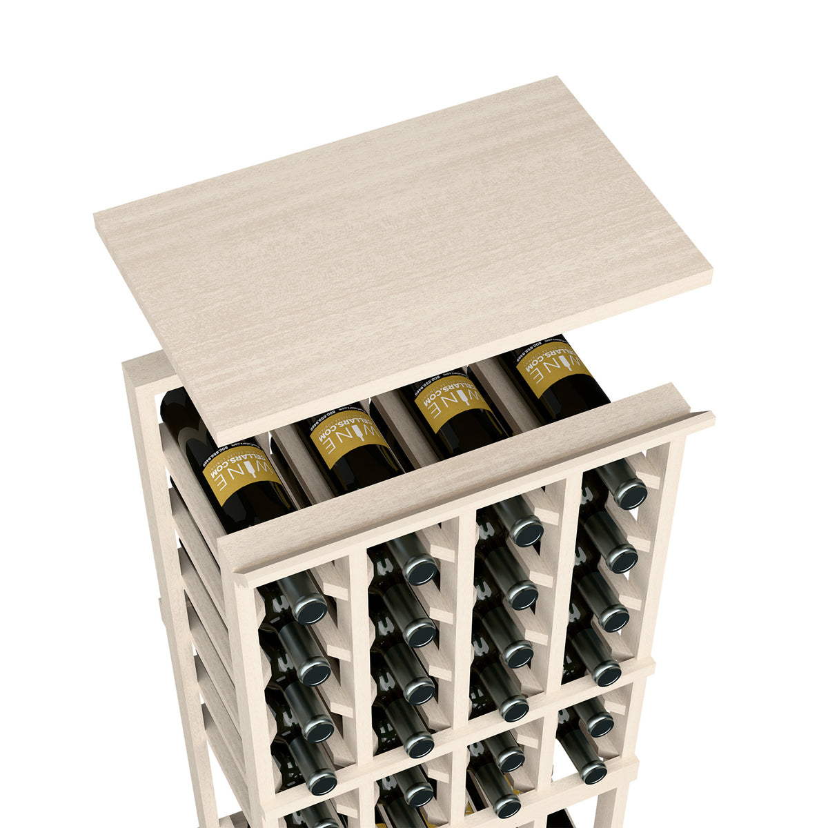 Wine bottle rack top shelf in whitewashed wood, showing bottle slots