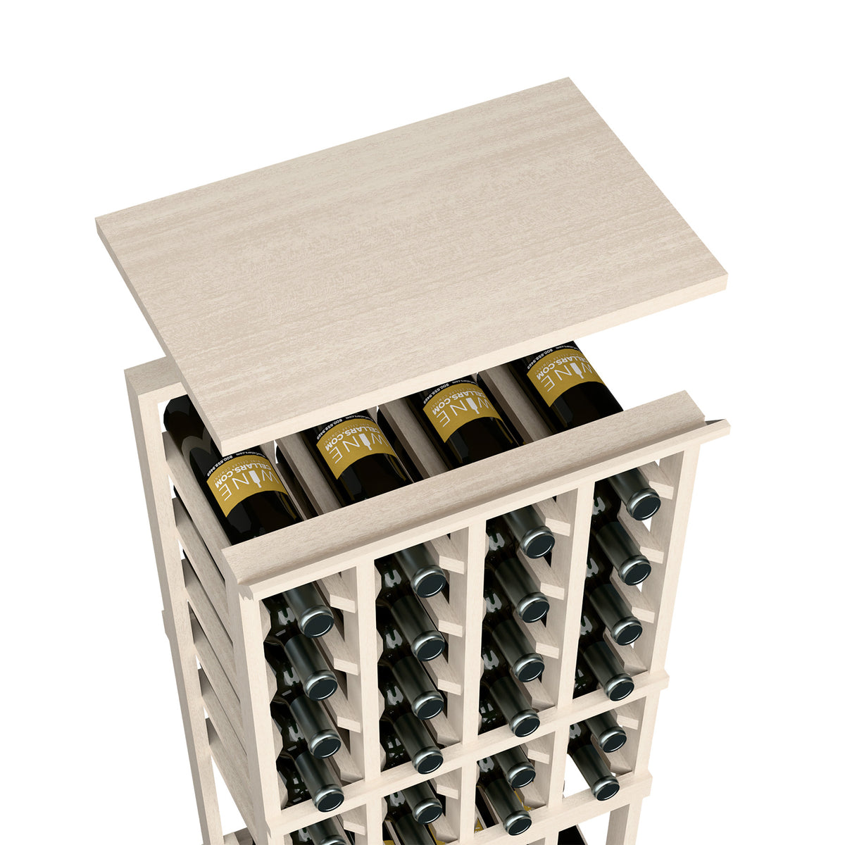 Wine bottle rack top shelf in whitewashed wood with open bottle rows