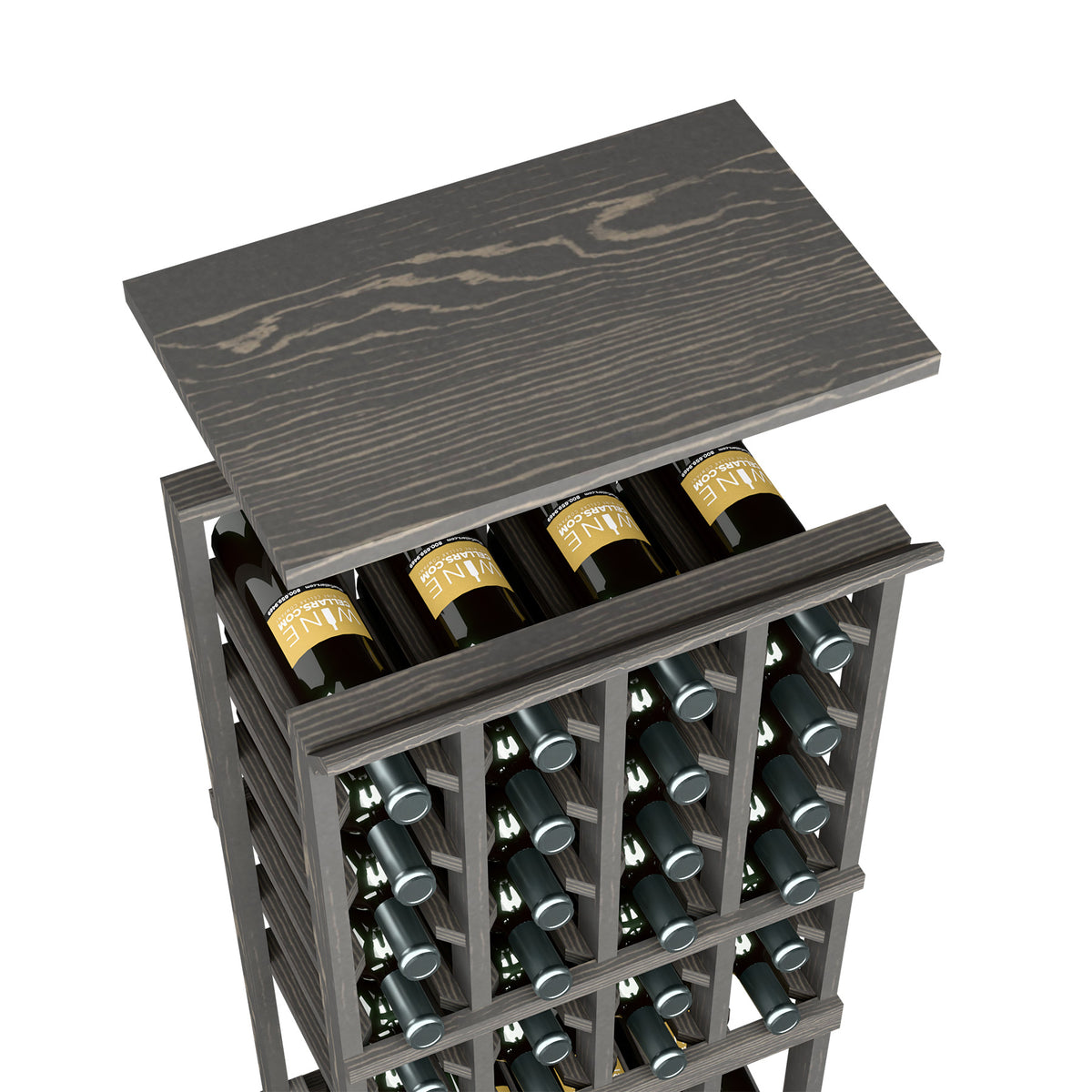Dark wood wine bottle rack with top shelf and front bottle openings, holds 4 columns
