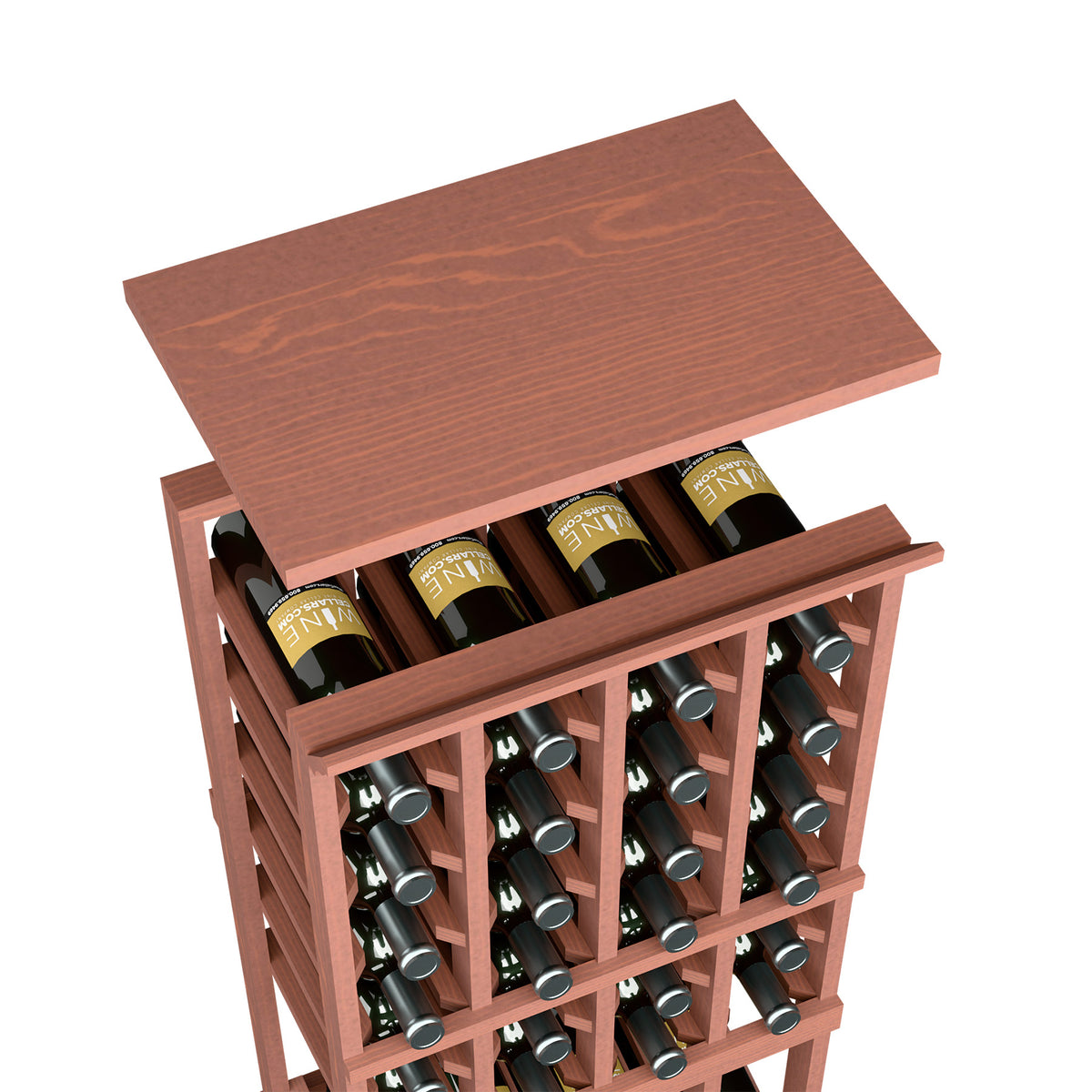 Red-brown wood wine bottle rack with top shelf and front bottle openings, 4 columns
