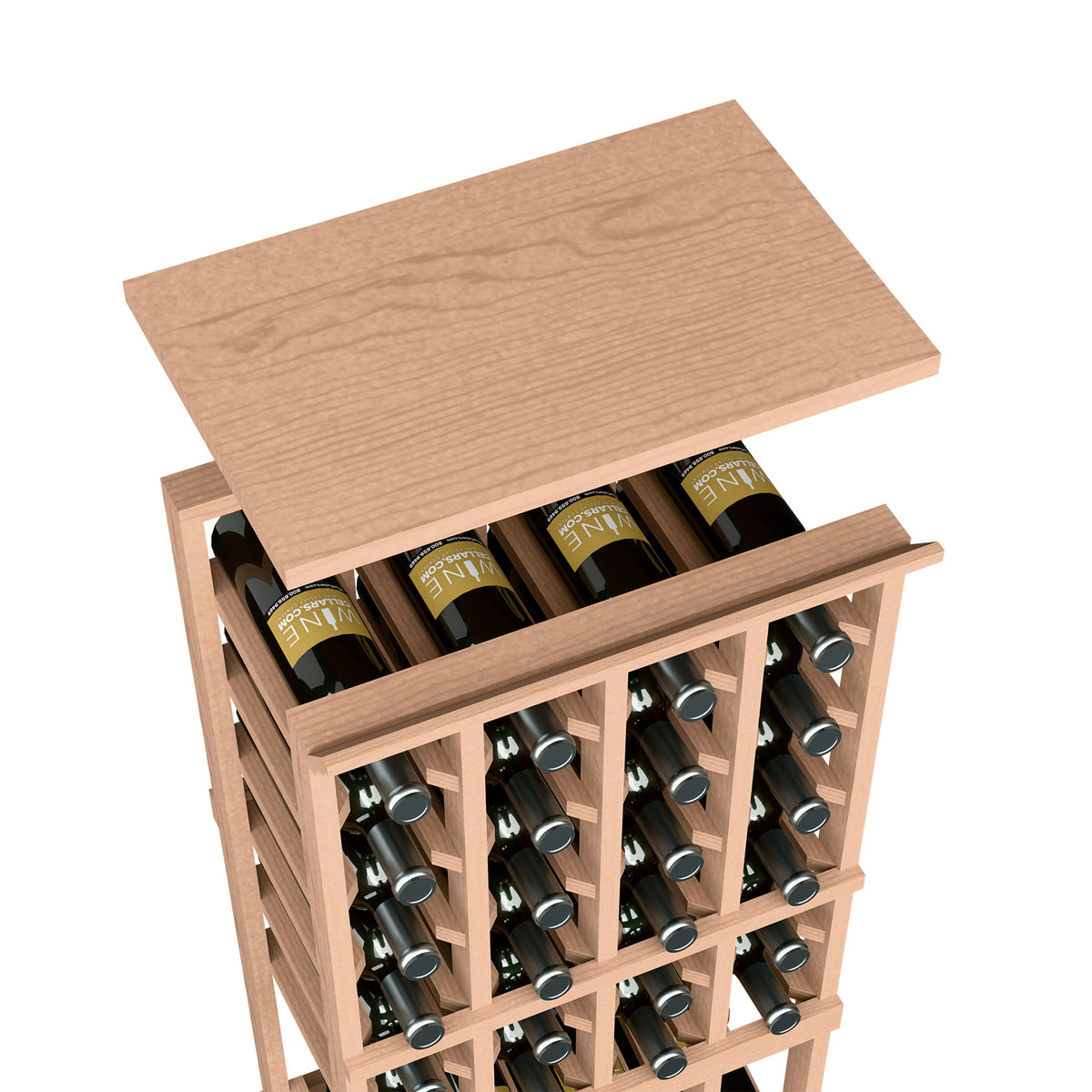 Light wood wine bottle rack with top shelf and front bottle openings, 4-column design