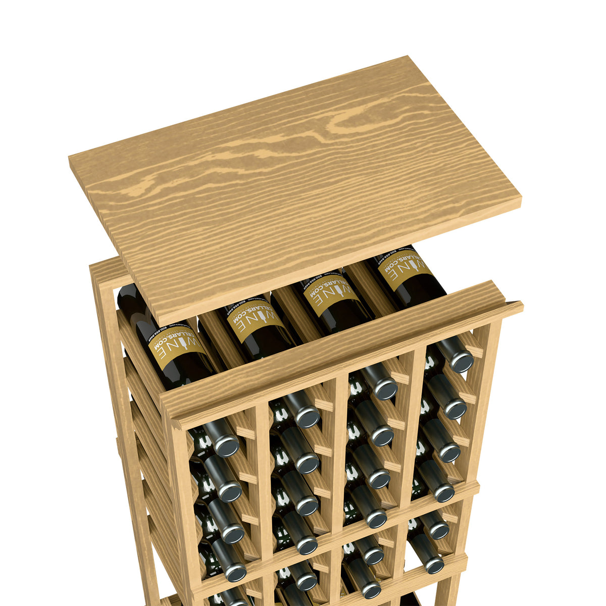 Honey-colored wood wine bottle rack with top shelf and bottle slots, 4 columns
