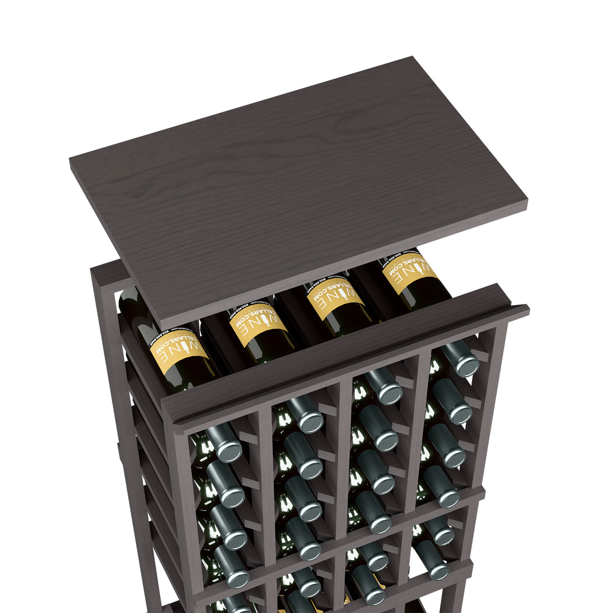 Dark brown wood wine bottle rack with top shelf and bottle openings, 4-column storage