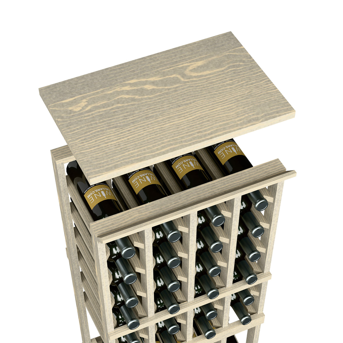 Grey wood top shelf wine bottle rack with open front and multiple bottle slots.