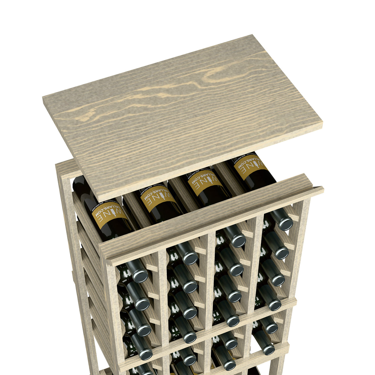 Grey wood top shelf wine rack with bottle cubbies and visible row dividers.