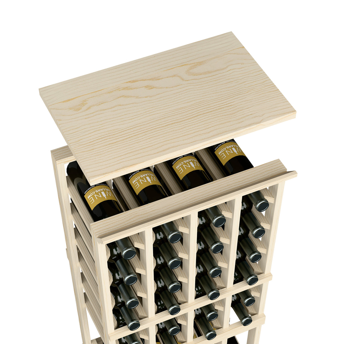 Light wood top shelf wine rack with open bottle slots and side support posts.