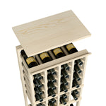 Light wood top shelf wine rack with open bottle slots and side support posts.