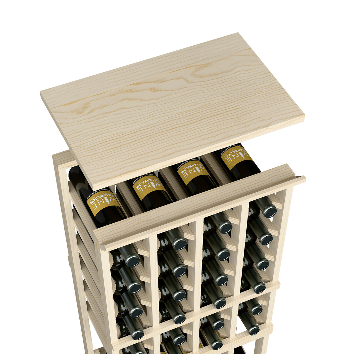 Light wood wine bottle rack with top shelf and multiple bottle storage cubbies.