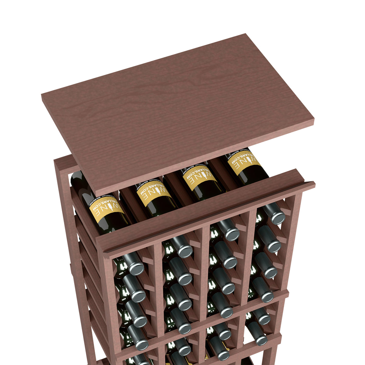 Dark wood top shelf wine rack with open front and bottle storage compartments.