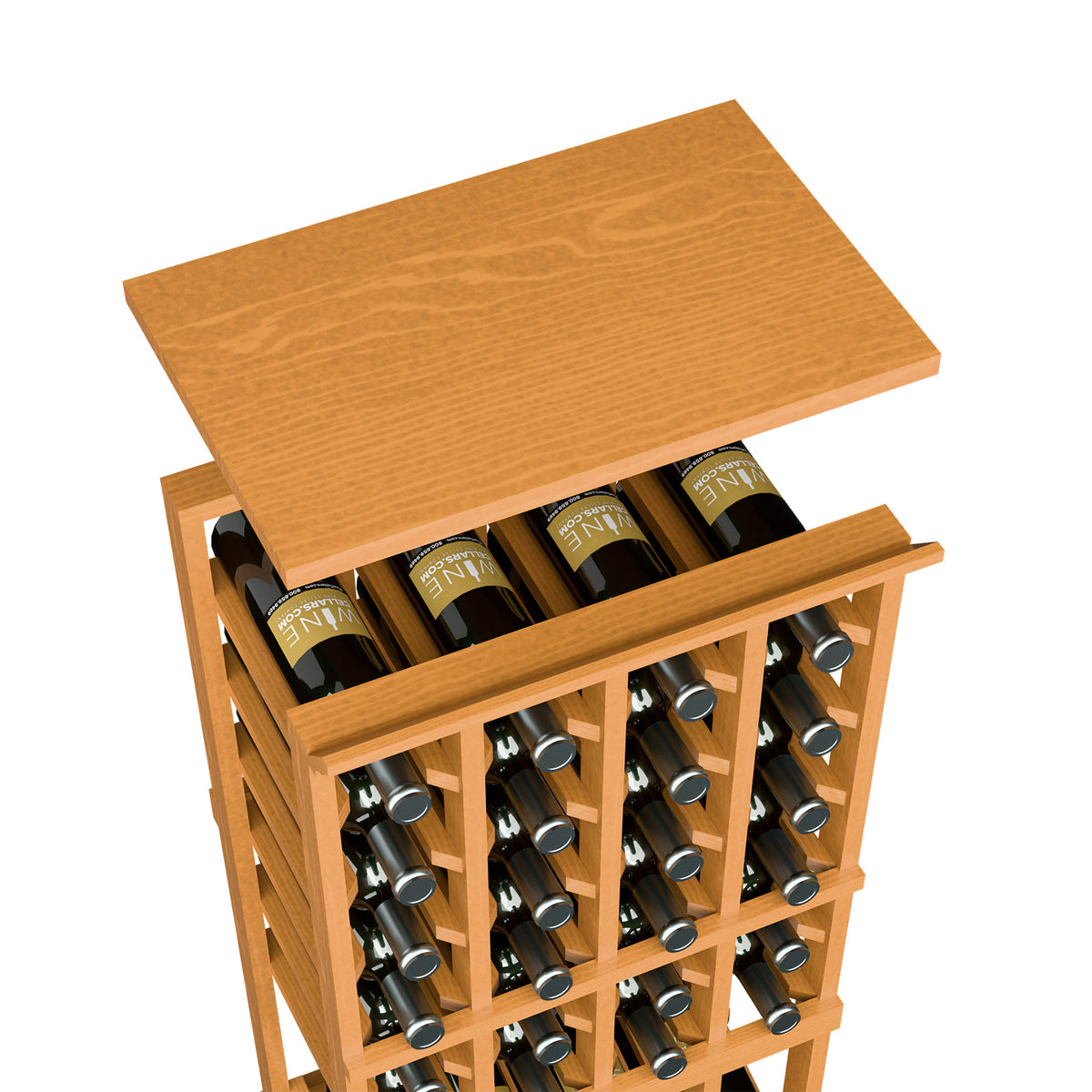 Warm wood top shelf wine bottle rack with 12 visible bottle openings and dividers.