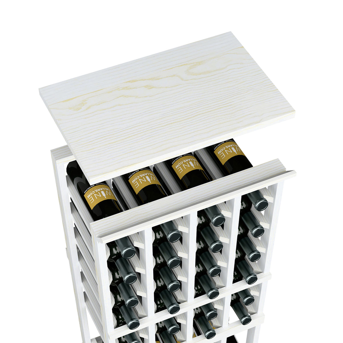 Whitewashed wood top shelf wine rack with open bottle cubbies and front grid.