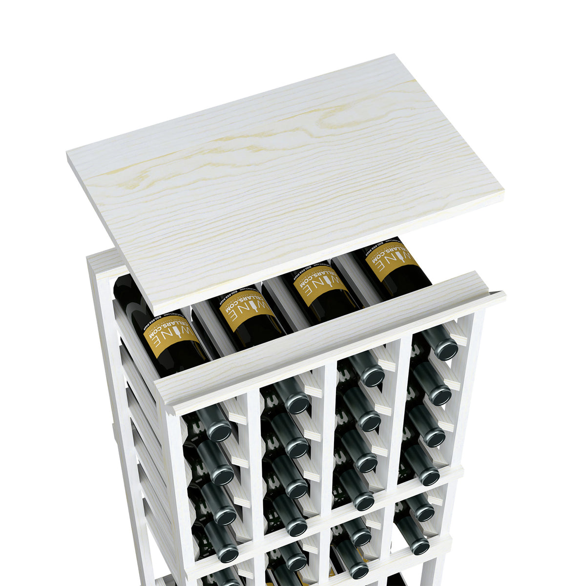 White wood top shelf wine bottle rack with multiple bottle slots in a front grid.