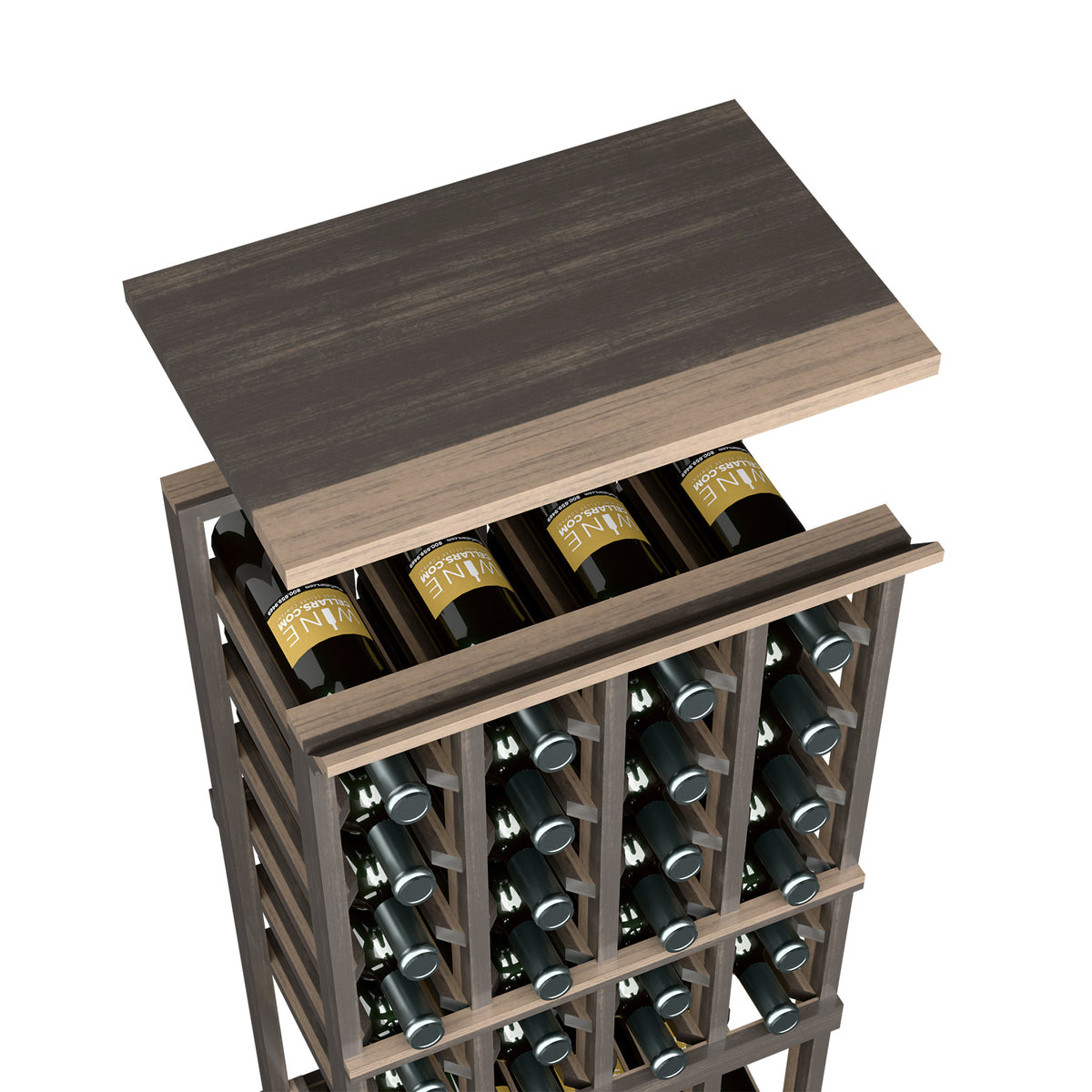 Dark brown stained wooden top shelf for wine bottle rack with bottles in open grid