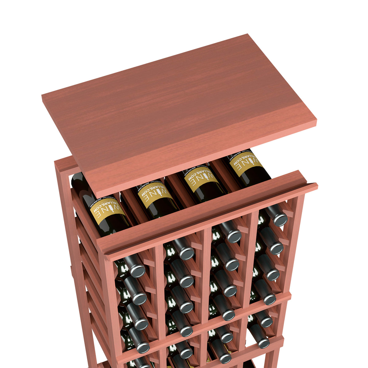 Reddish stained wooden top shelf for wine bottle rack with wine bottles in front grid