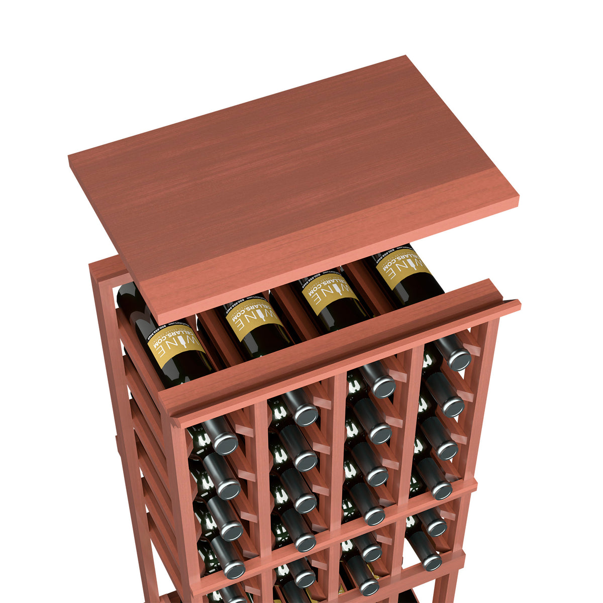 Warm reddish-brown stained wooden top shelf for wine bottle rack with bottles in grid
