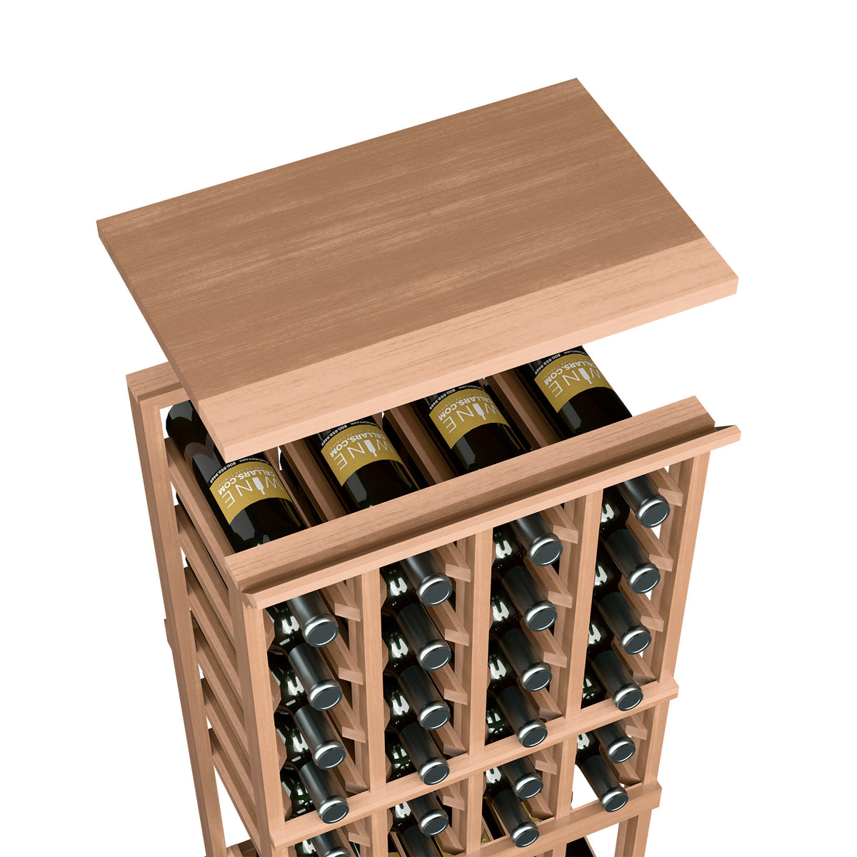 Light beige stained wooden top shelf for wine bottle rack with wine bottles in grid