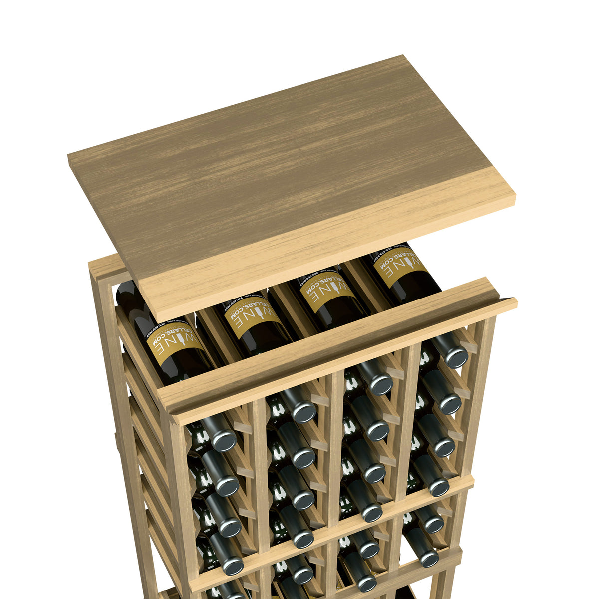 Warm light tan stained wooden top shelf for wine bottle rack with wine bottles in grid