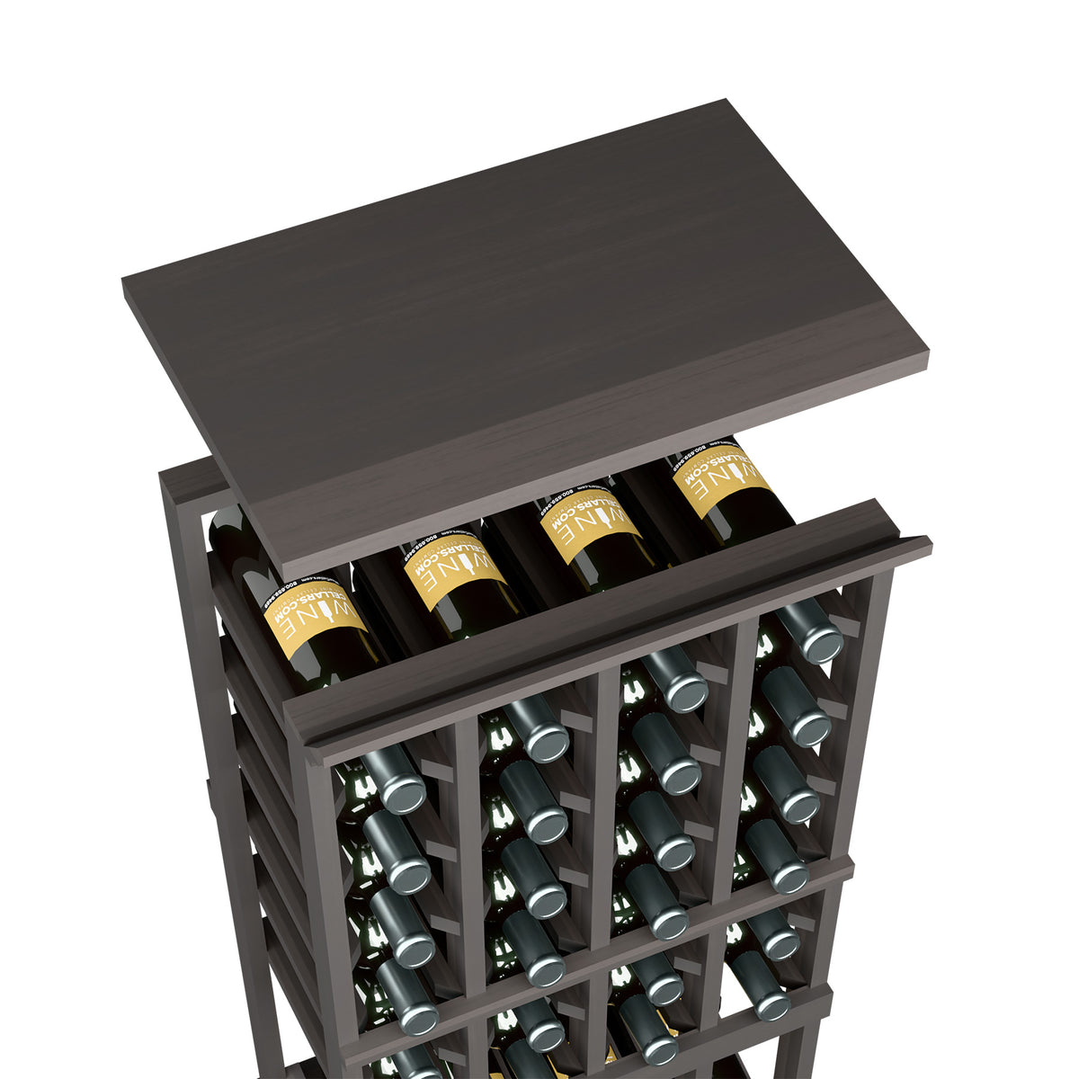Very dark stained wooden top shelf for wine bottle rack with wine bottles in grid