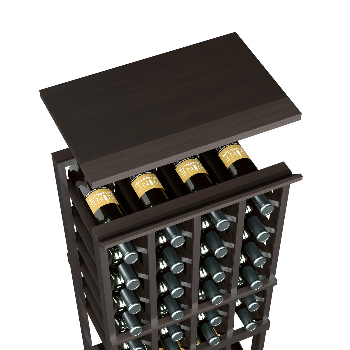 Dark brown stained wooden top shelf for wine bottle rack with wine bottles in grid