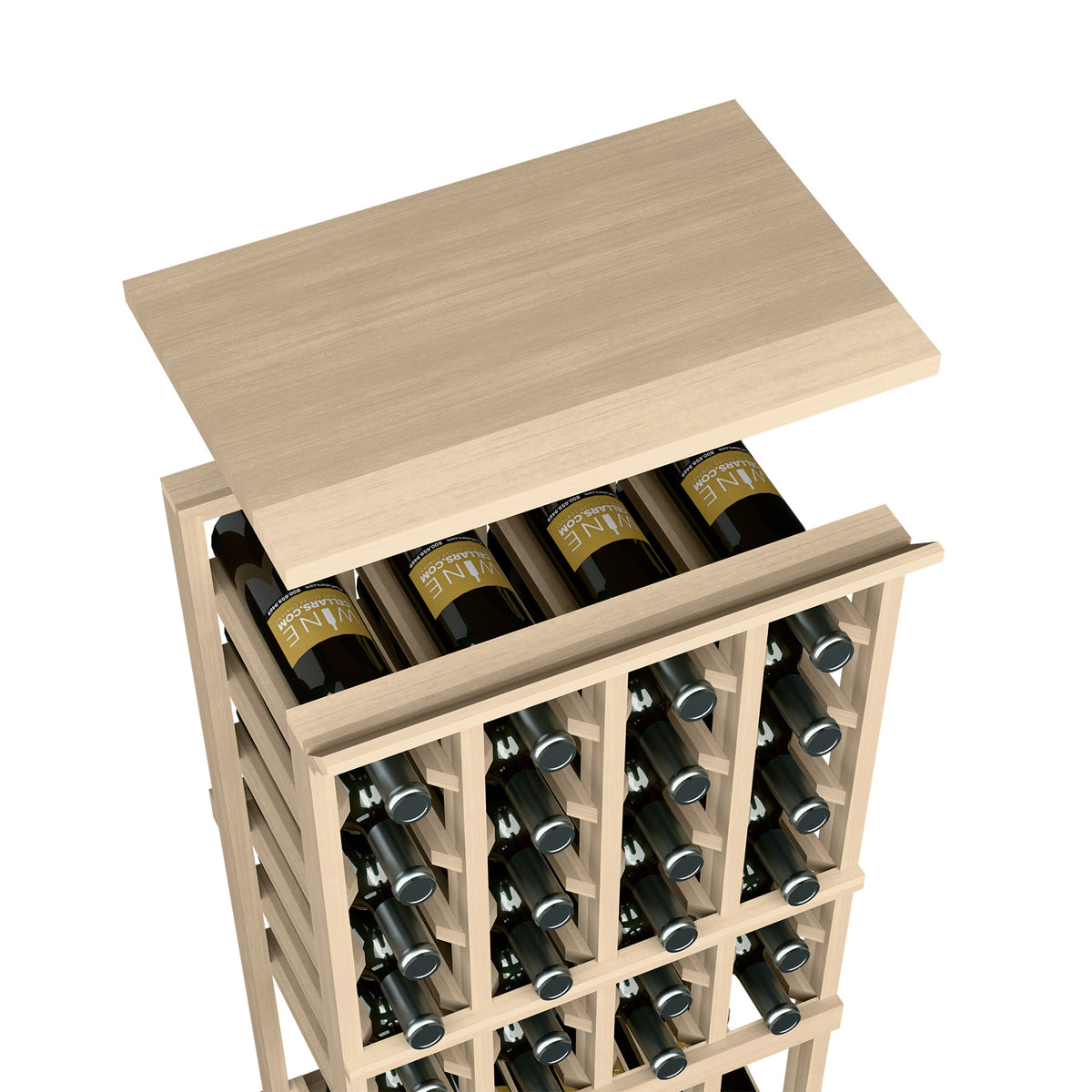 Light gray wood wine bottle rack with open front and wide top shelf