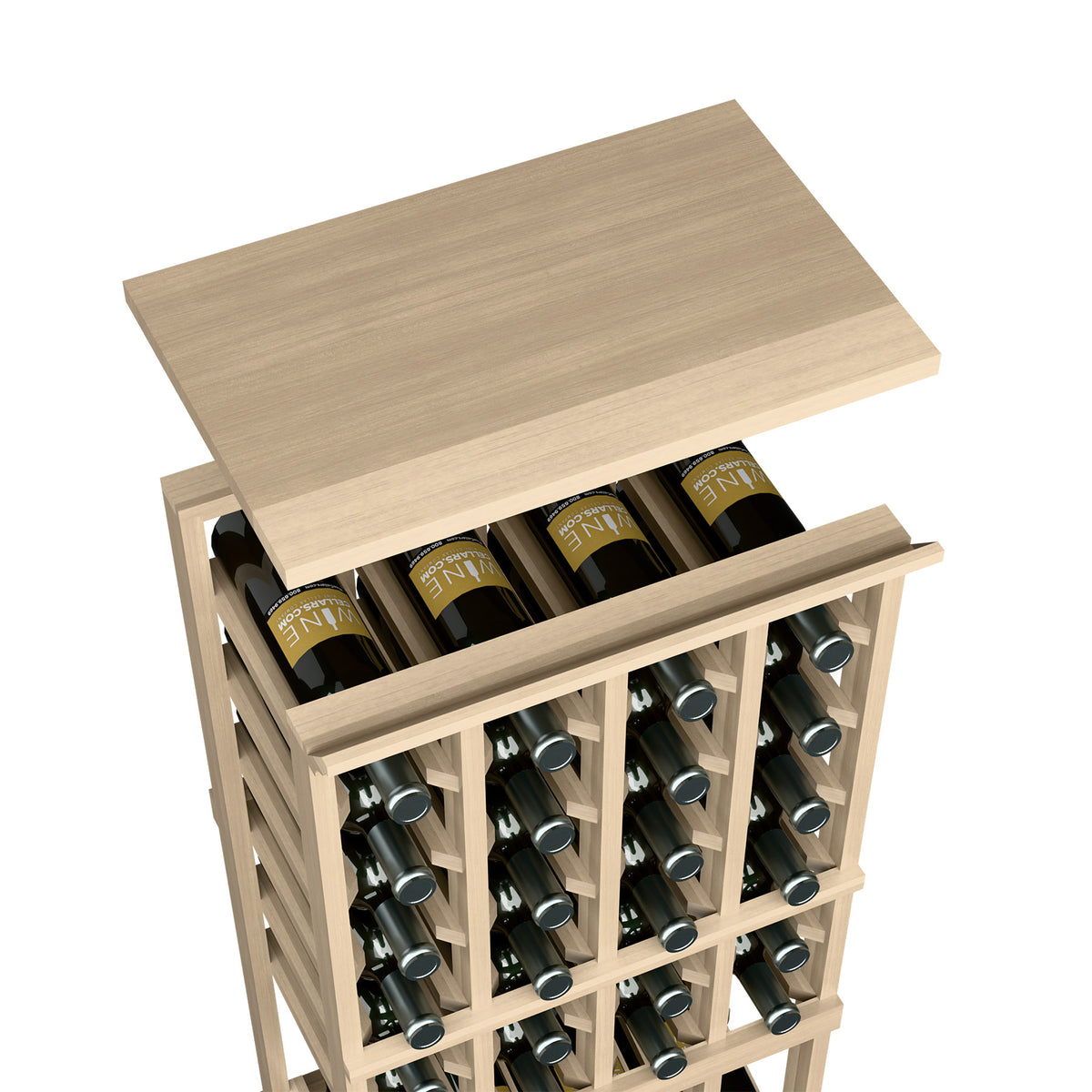 Light gray wood wine bottle rack with slotted bottle openings and top shelf