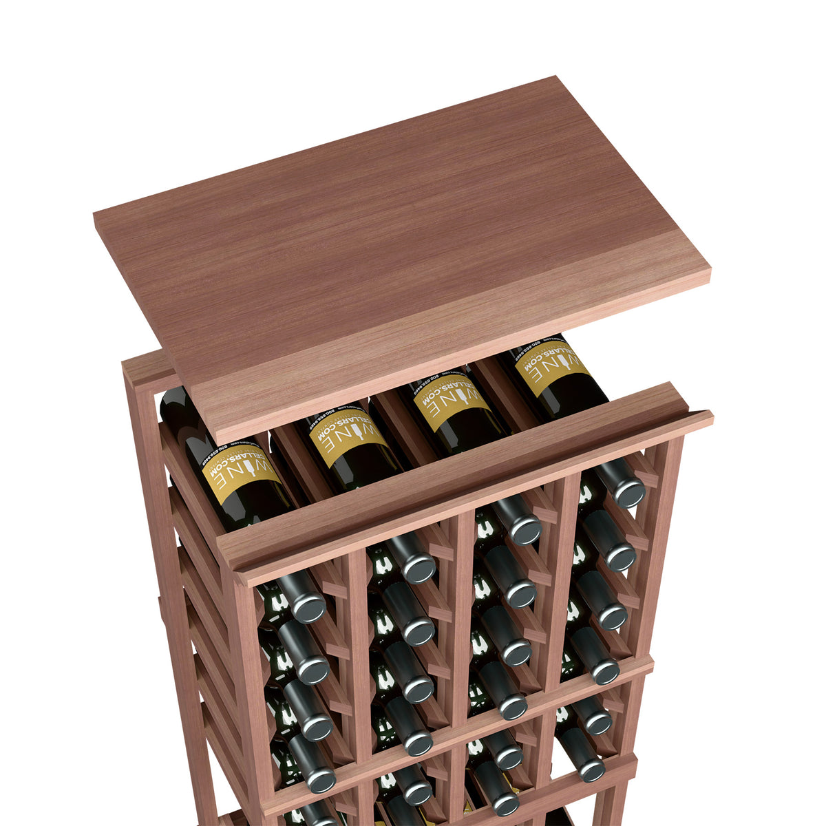 Medium brown wood wine bottle rack with open bottle compartments and top shelf