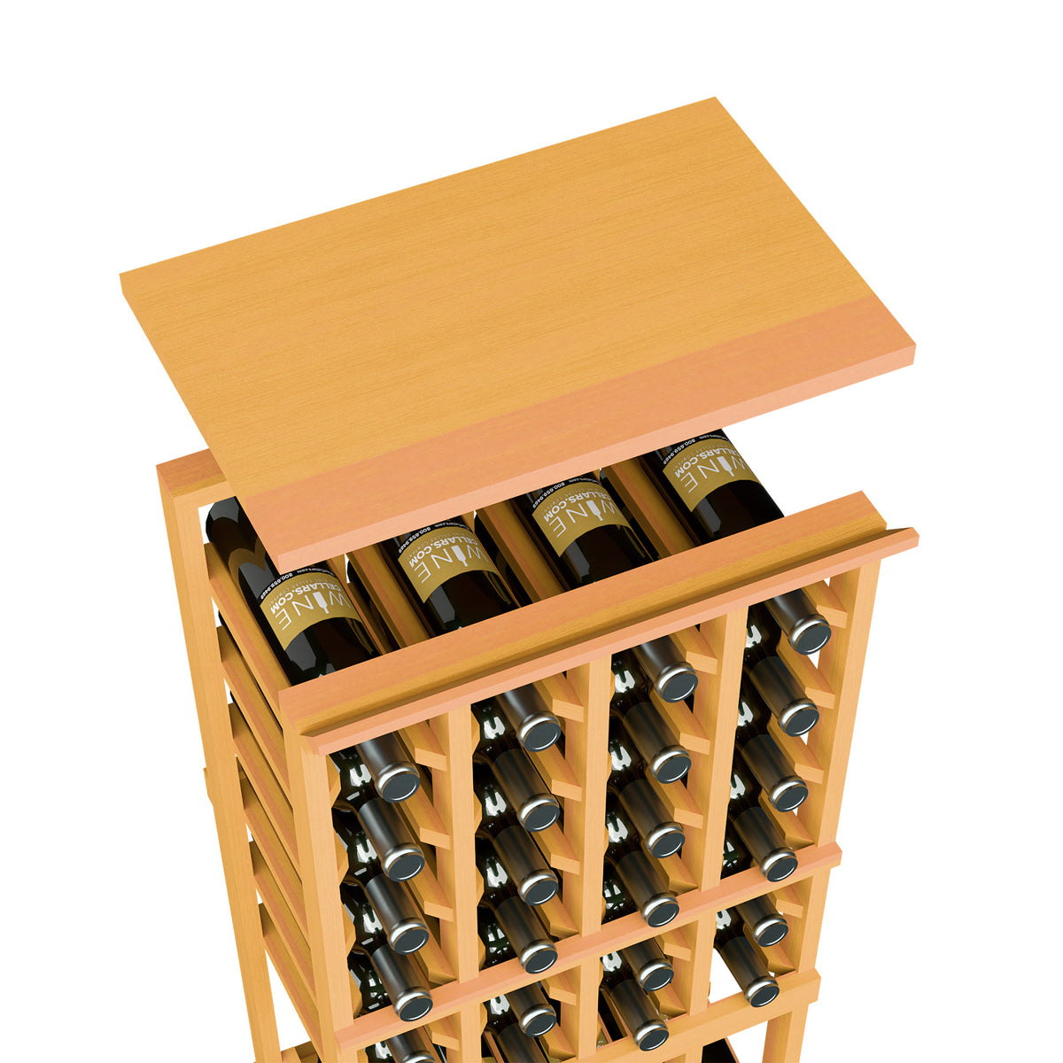 Light golden wood wine bottle rack with open front bottle grid and top shelf