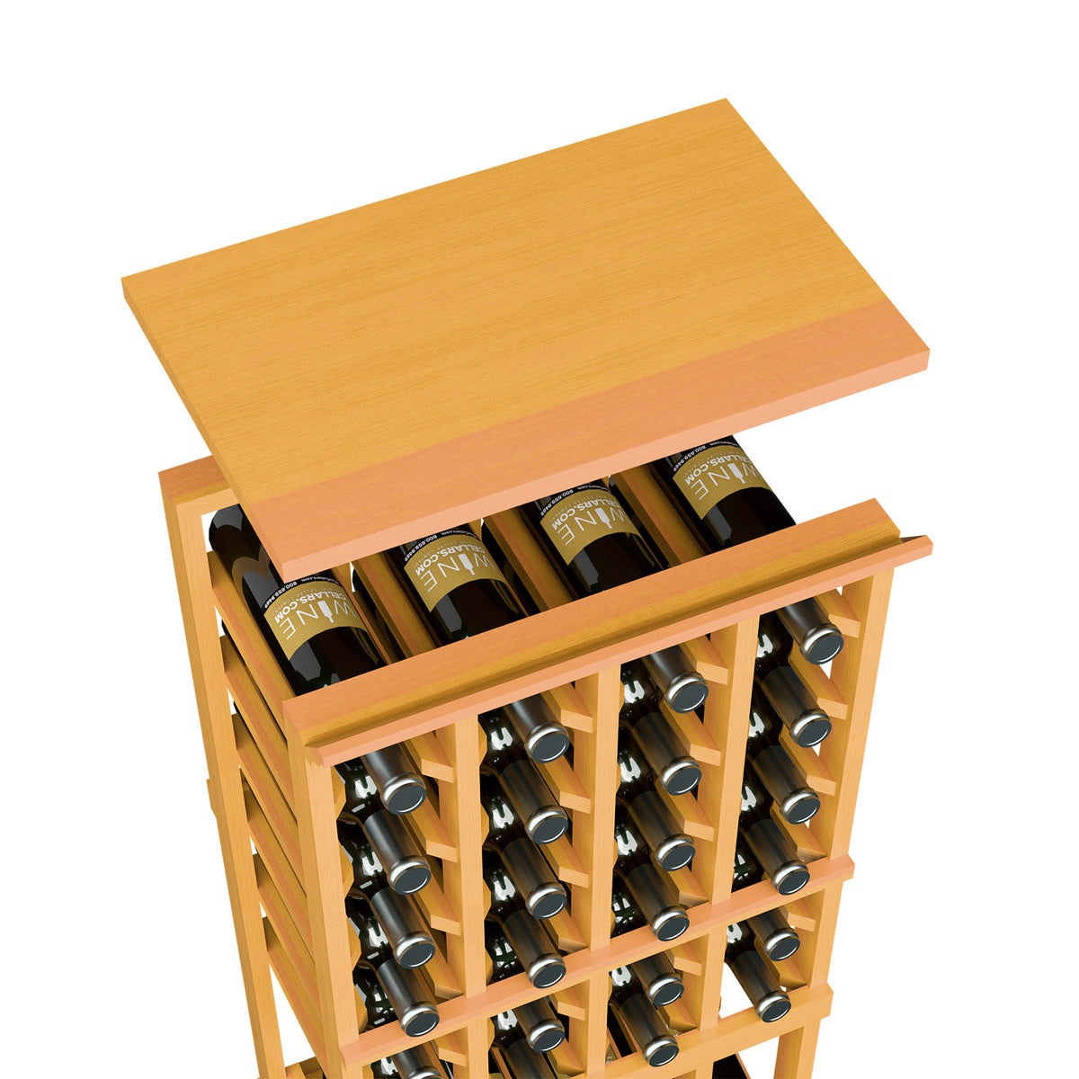 Pale golden wood wine bottle rack with bottle slots and wide top shelf