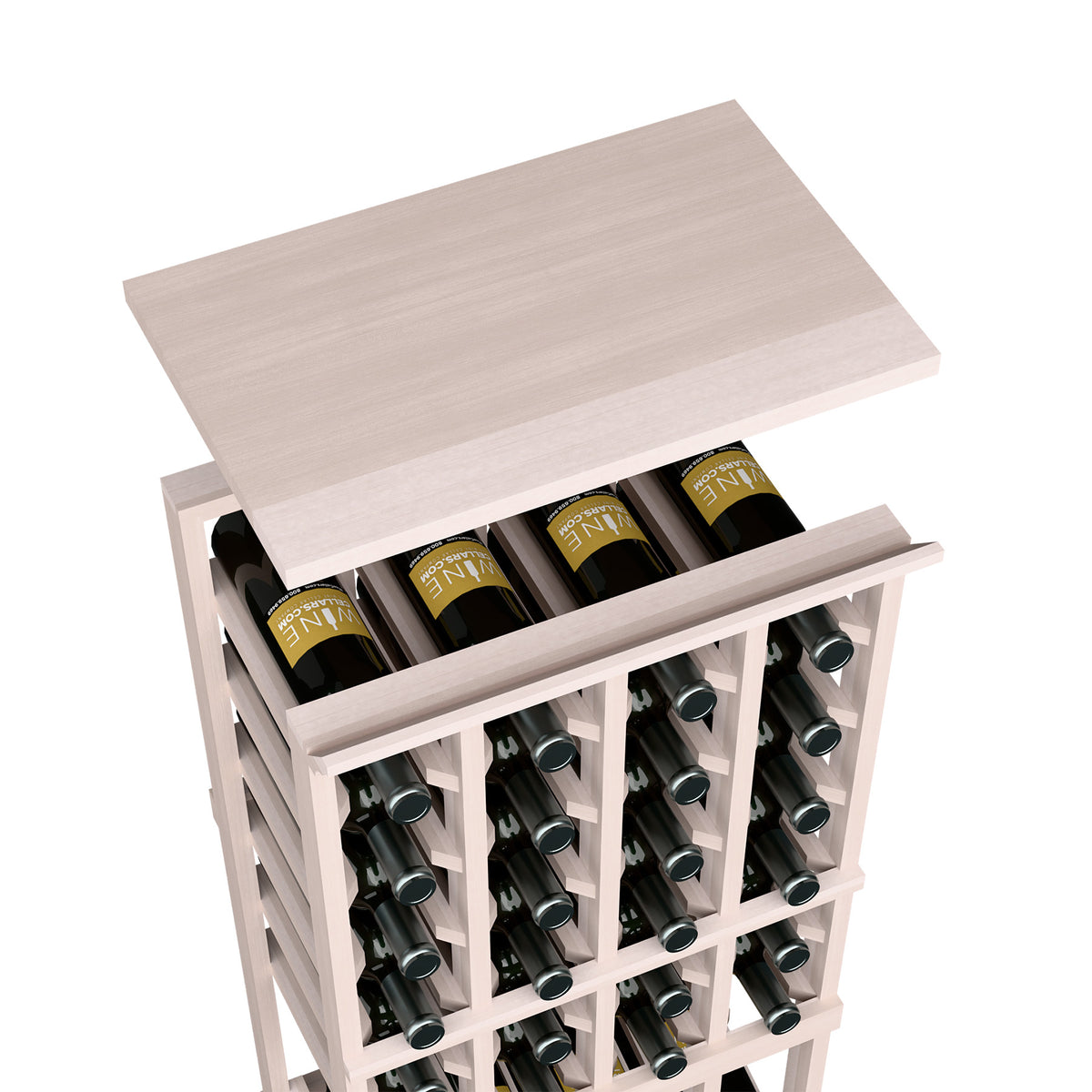 White wood wine bottle rack with open front and wide top shelf