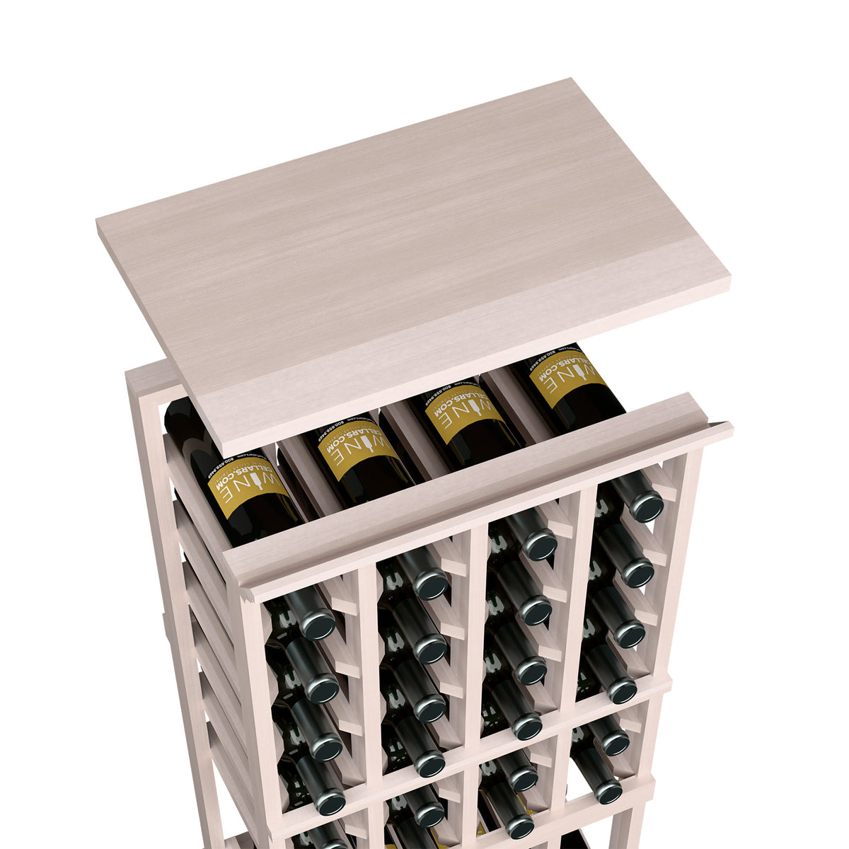 Light gray wood wine bottle rack with open bottle grid and top shelf