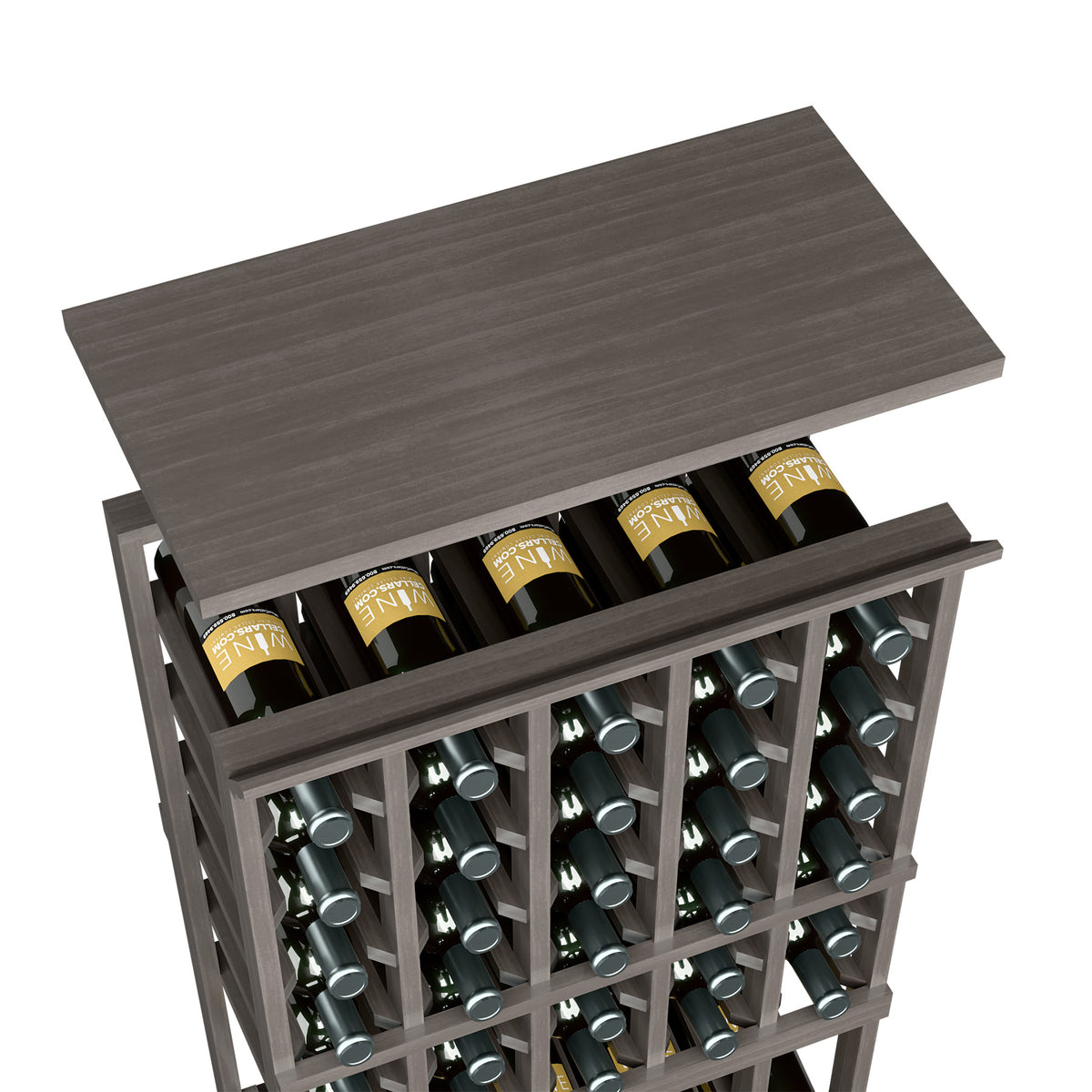 Dark gray wood top shelf on a 5-column wine rack, with bottles in the openings