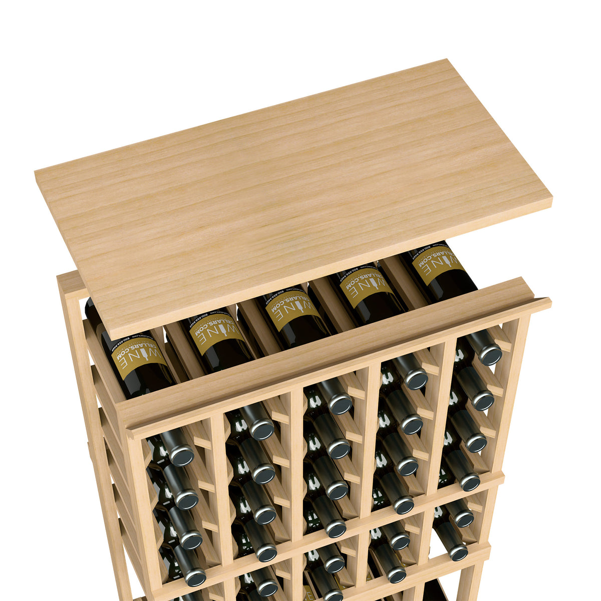 Light wood top shelf for a 5-column wine rack with bottle slots and green bottles