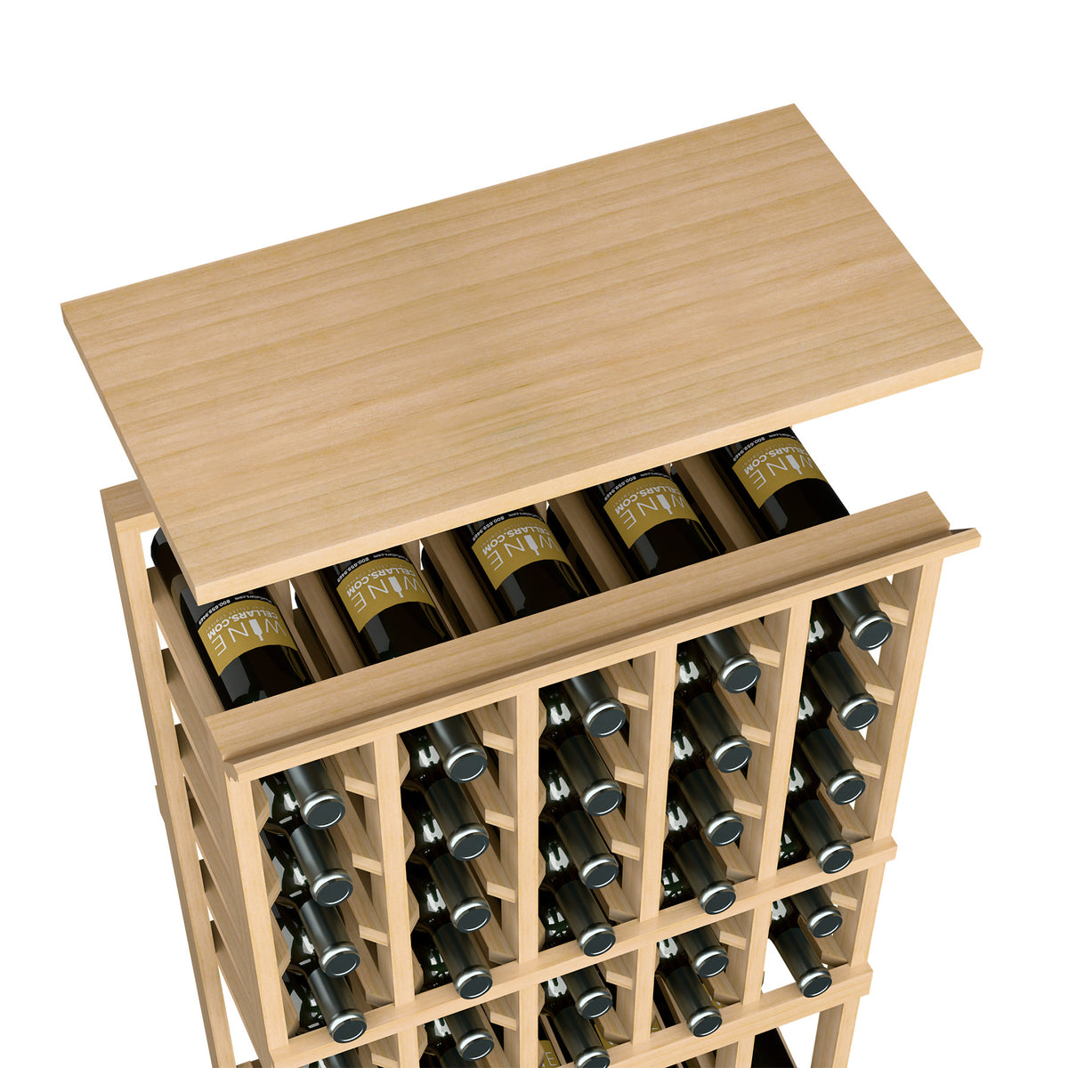 Pale wood top shelf for a 5-column wine rack with rows of bottle holder openings