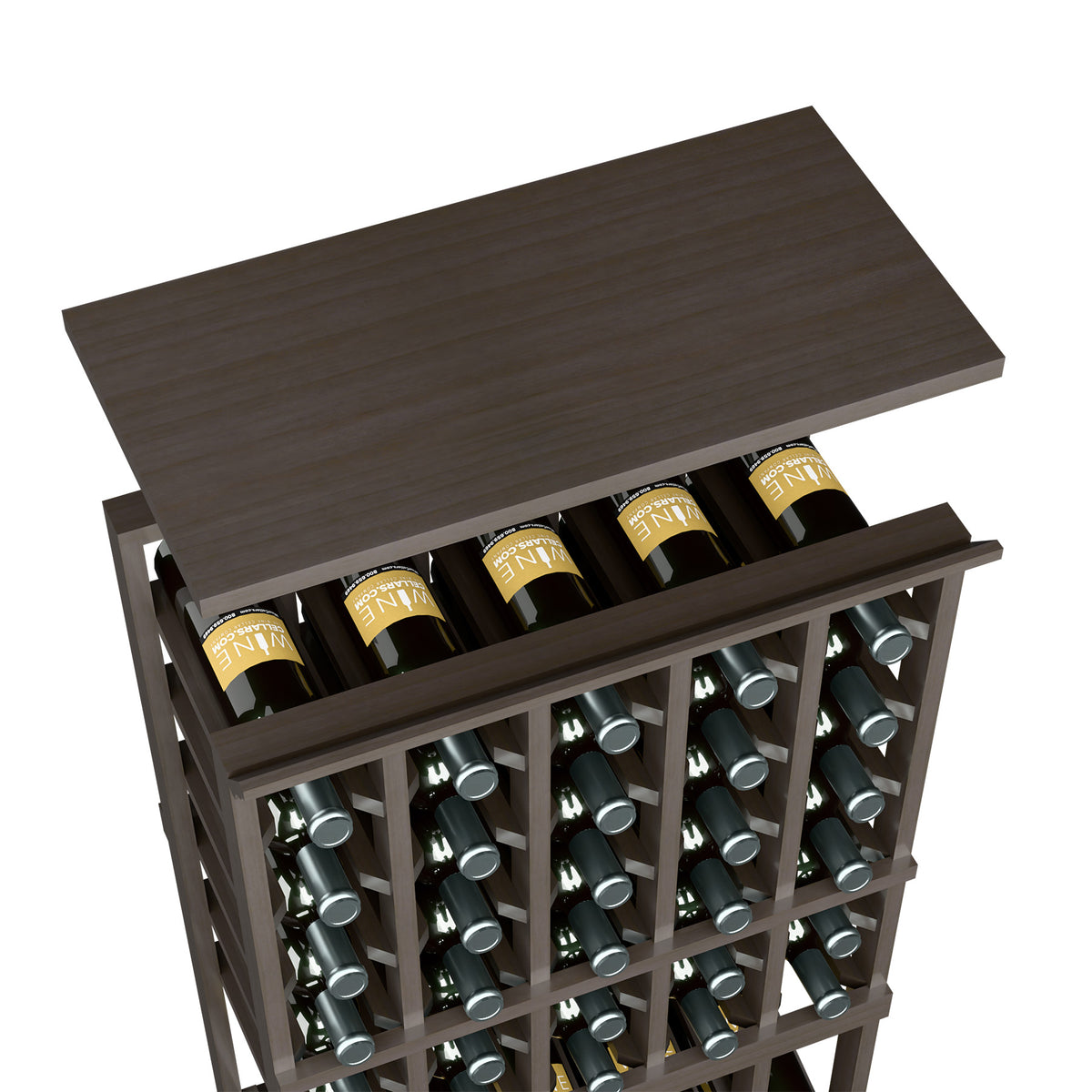 Dark gray wood top shelf for a 5-column wine rack with bottle storage compartments