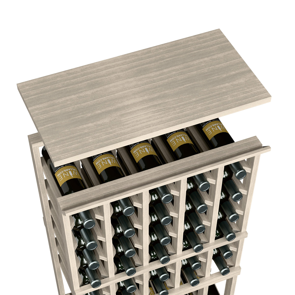 Grey wood grain wine rack top shelf with bottle storage slots in a grid frame