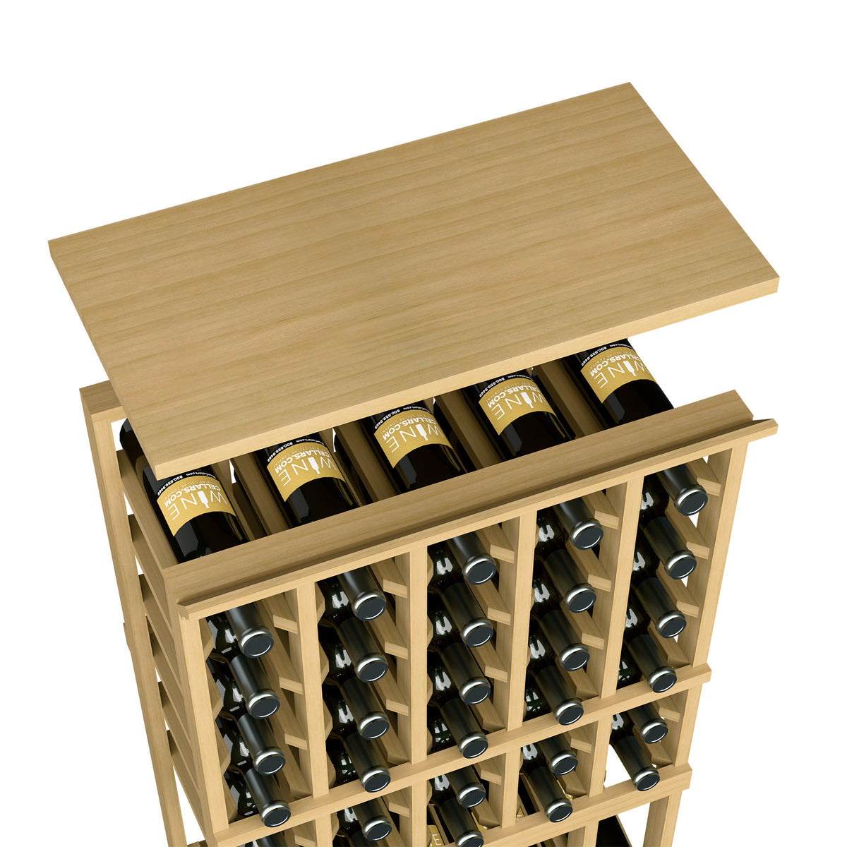 Light wood wine rack top shelf with bottle slots and open lattice frame