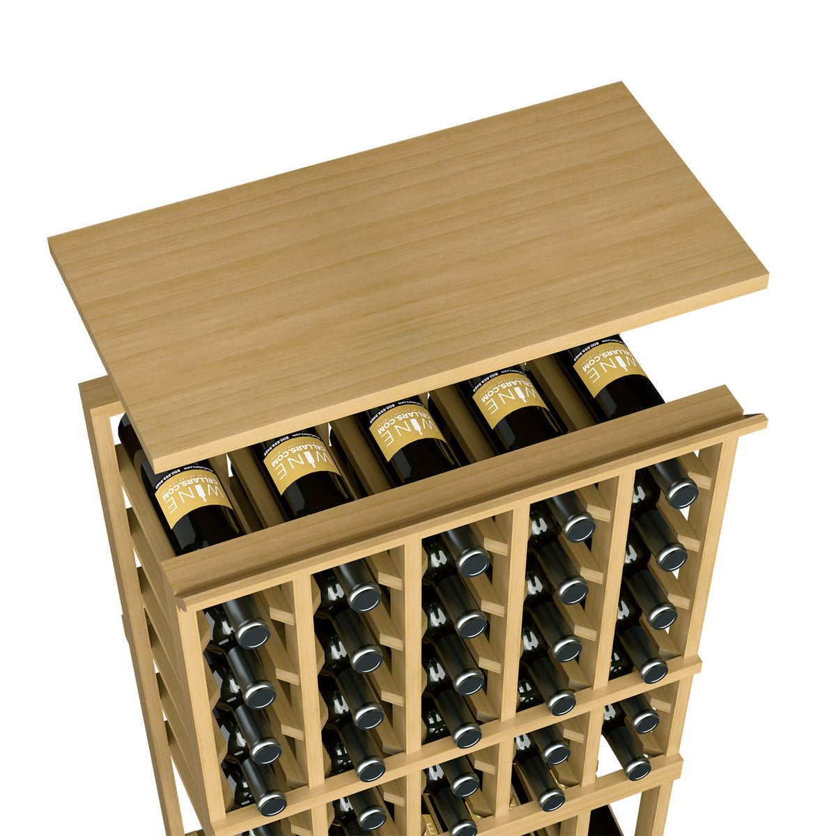 Light wood wine rack top shelf with bottle storage slots and framed grid