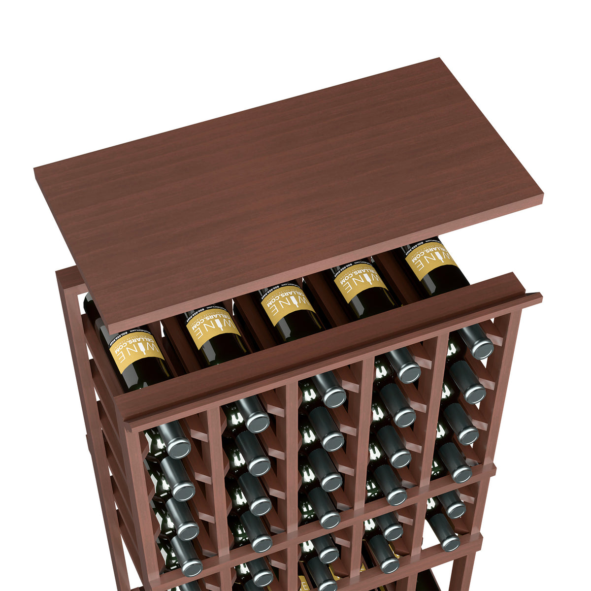Dark reddish-brown wine rack top shelf with bottle storage slots in a grid