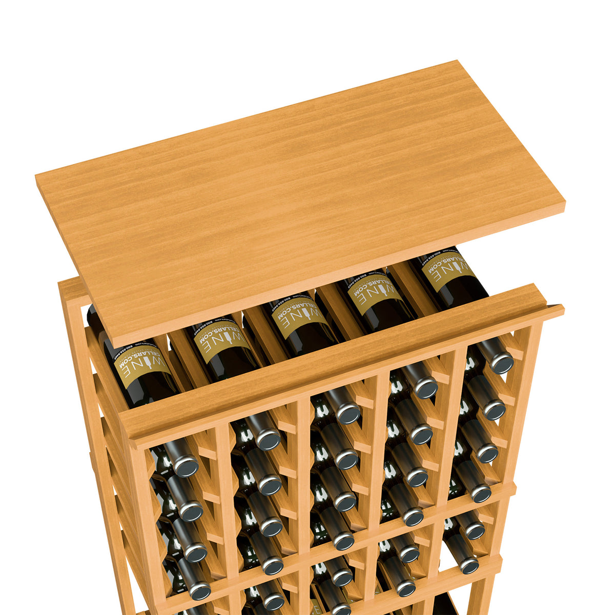 Honey wood wine rack top shelf with bottle storage slots and framed grid