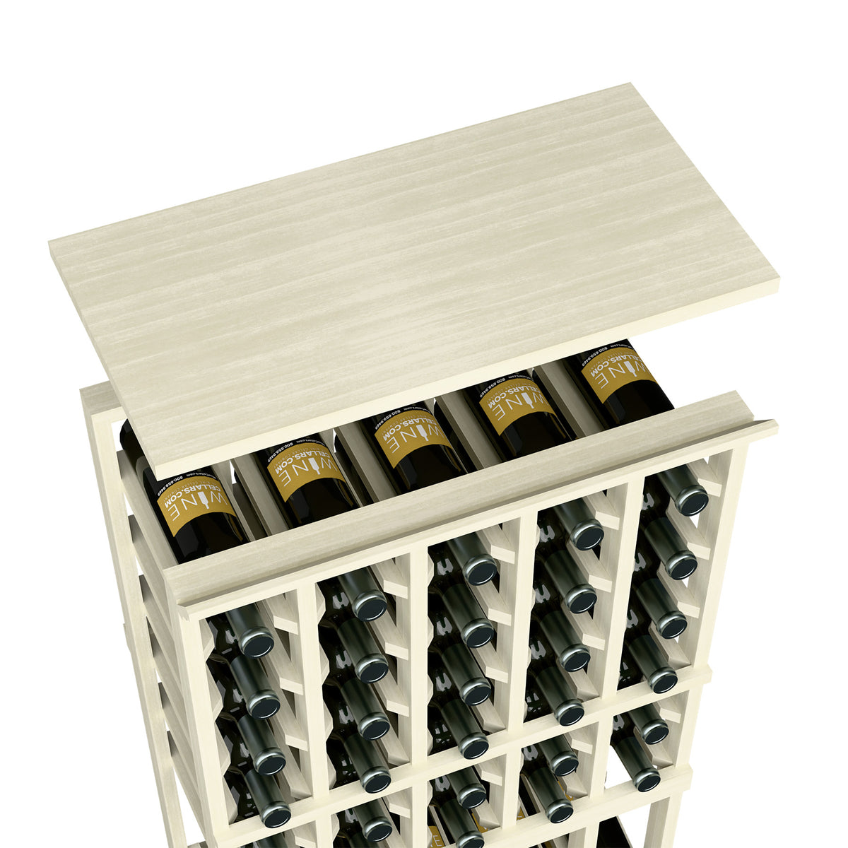 Very light grey wood grain wine rack top shelf with bottle slots and grid frame