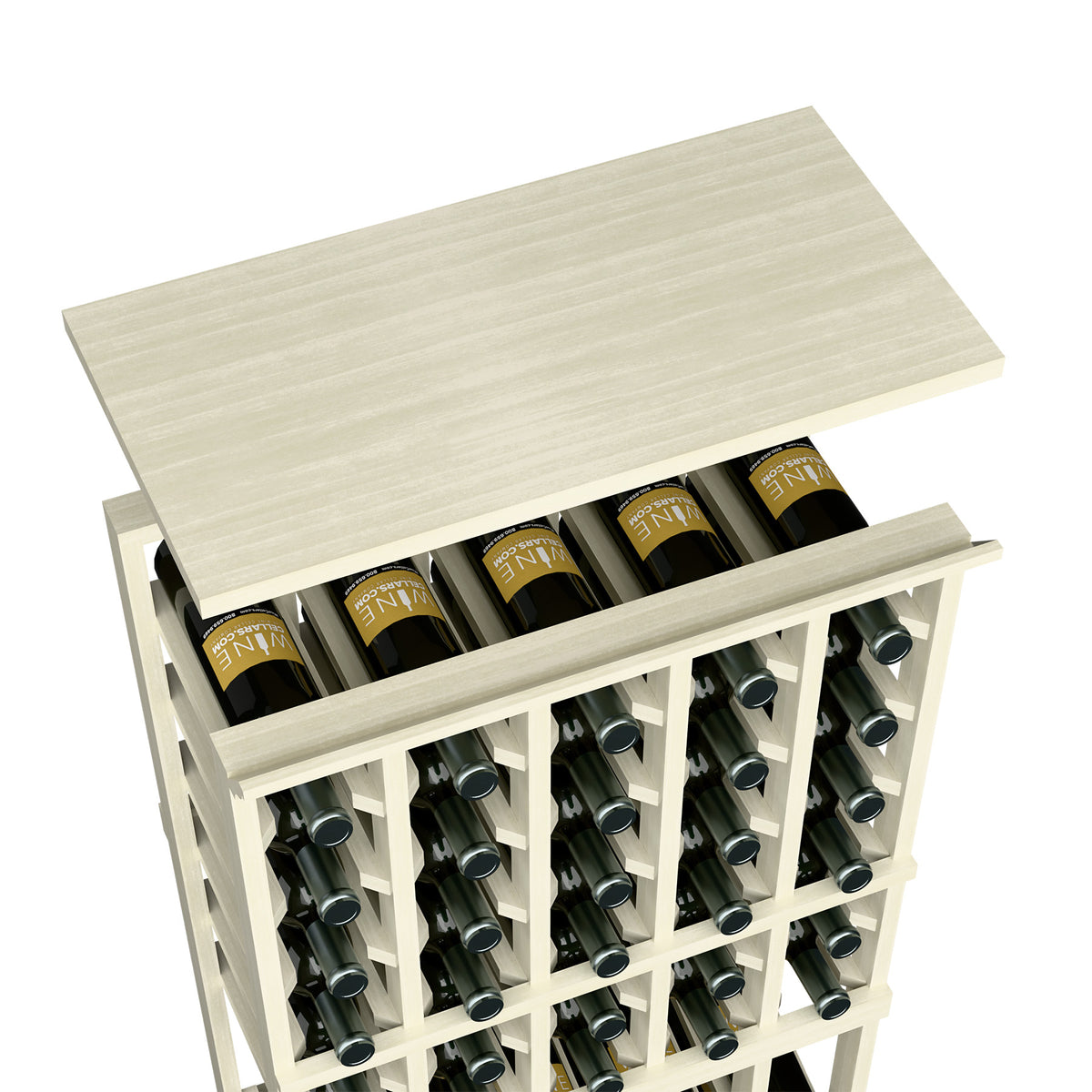 Very light grey wood grain wine rack top shelf with bottle storage slots in grid