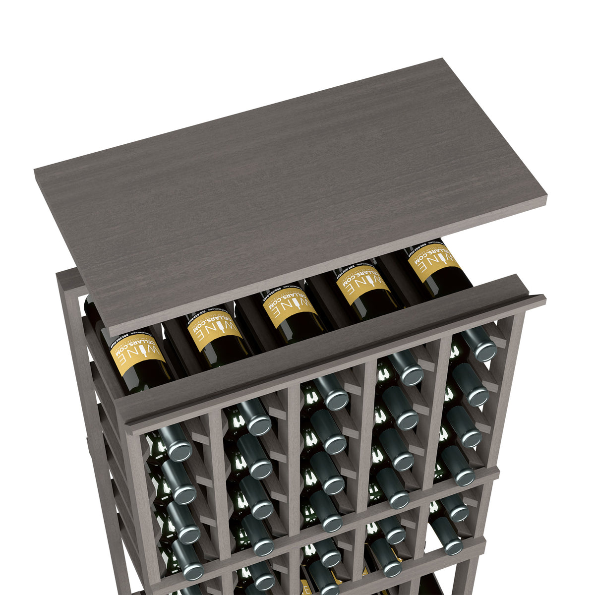 Gray solid top shelf for a 5-column wine rack with bottle slots underneath