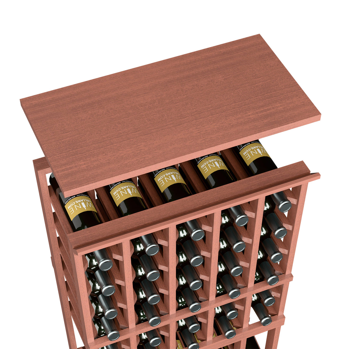 Warm red-brown solid top shelf for a 5-column wine rack with bottle slots below