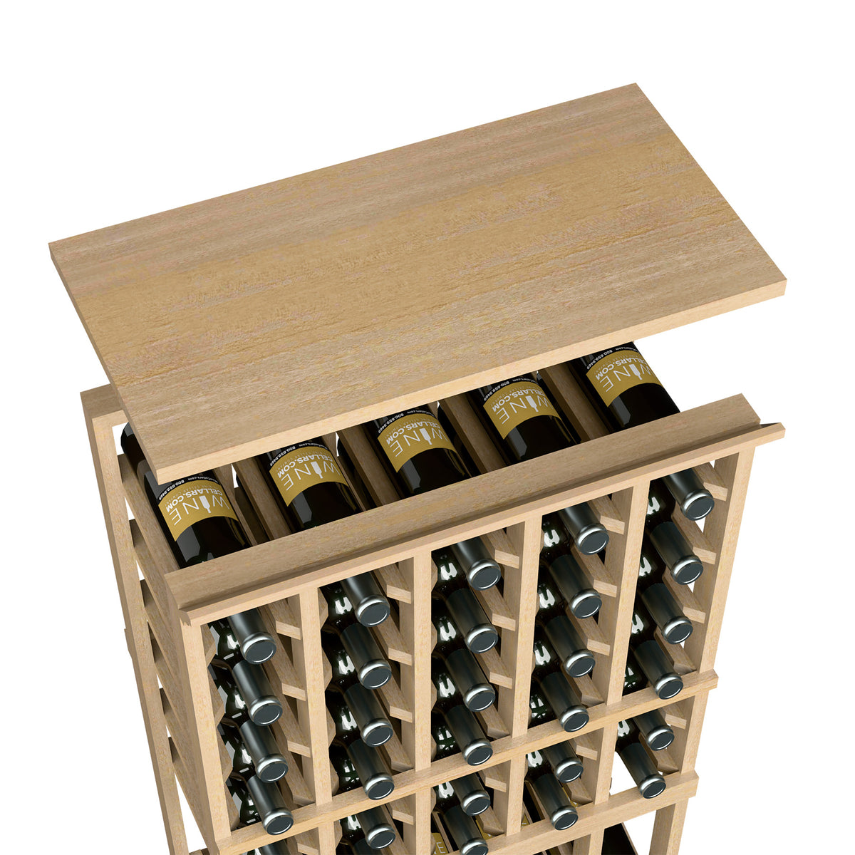 Pale light tan solid top shelf for a 5-column wine rack with bottle slots underneath