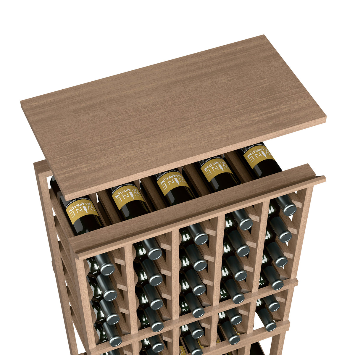 Light-medium brown solid top shelf for a 5-column wine rack with bottle openings below