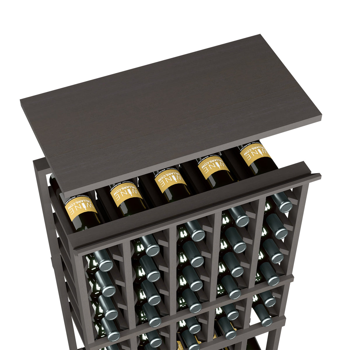 Charcoal gray solid top shelf for a 5-column wine rack with bottle slots underneath