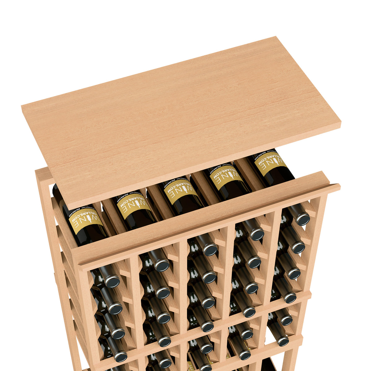 Natural solid wood top shelf for 5-column wine rack with bottle cubbies and divider slots
