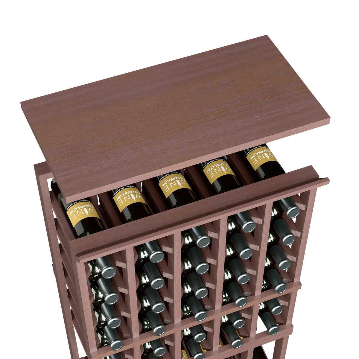 Deep brown solid wood top shelf for 5-column wine rack, showing bottle storage openings