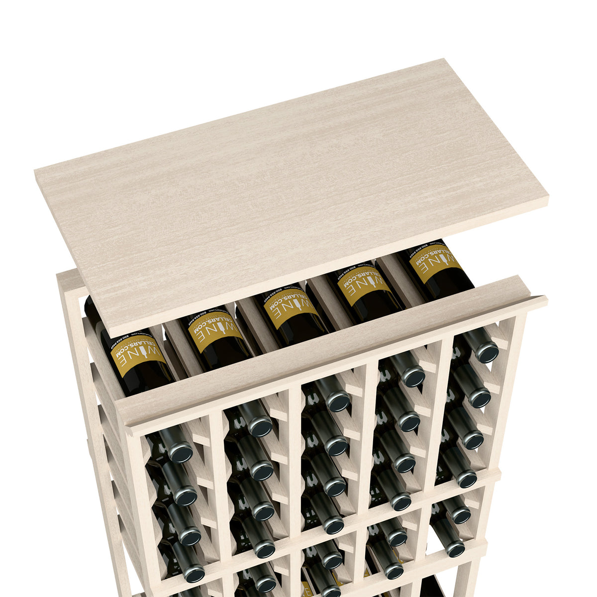 White wash solid wood top shelf for 5-column wine rack, with bottle storage compartments